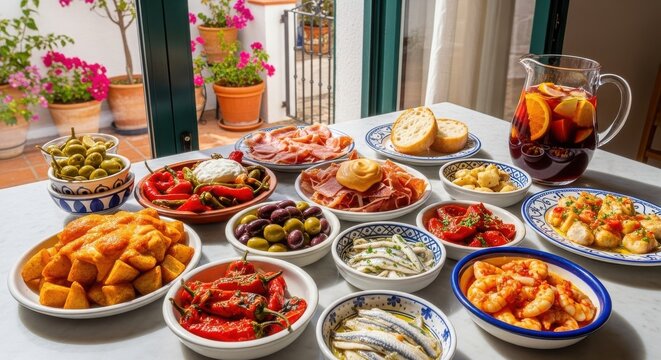A delightful spread of Spanish tapas and appetizers served on a marble-topped surface for a festive outdoor gathering.