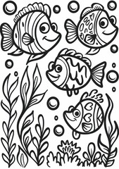 Obraz premium Cartoon fish swimming underwater with plants and bubbles, AI-generated.