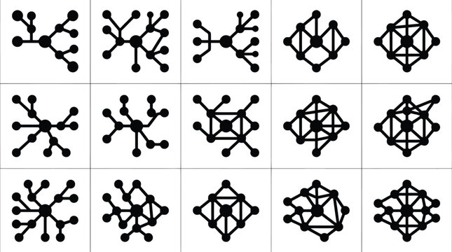 Abstract Network Connection Nodes and Data Structure Vector Icon Set for Technology Infographics, Scientific Research & Digital Communication (EPS)