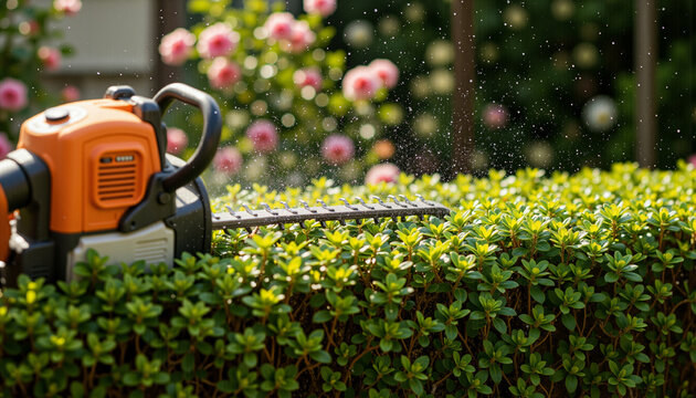 Hedge trimmer cutting green leaves with blooming garden in background  
