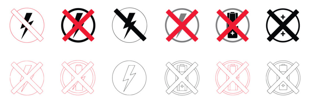 Set of no electricity and no battery signs, no battery icon collection, no lightning symbol ban, blackout icons, power outage and prohibited battery symbols, bright warning vector illustration 