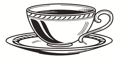 Detailed ornamental porcelain teacup and saucer isolated black and white line art graphic with porcelain beverage ornamental illustration monochrome minimalist drinkware tableware isolated © Lisa