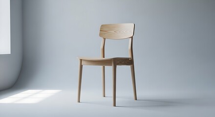 Fototapeta premium Minimalist Wooden Chair in Soft Studio Light, Modern Furniture Design