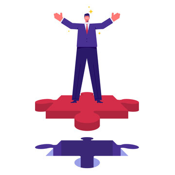 Completion mission concept, business metaphor, successful implementation plan, execute plan, businessman standing on a big last missing part of Jigsaw as solving problem to success project