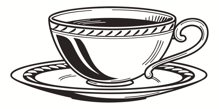 Detailed ornamental porcelain teacup and saucer isolated black and white line art graphic with porcelain beverage ornamental illustration monochrome minimalist drinkware tableware isolated