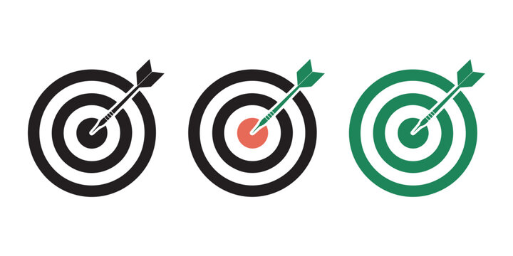 Target arrow center vector, accuracy goal achievement focus business success symbol, modern flat design, isolated on white background
