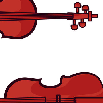 Red violin close-up frame with large white copy space, elegant classical string instrument border illustration for concert invitations, recital posters and music-themed layouts