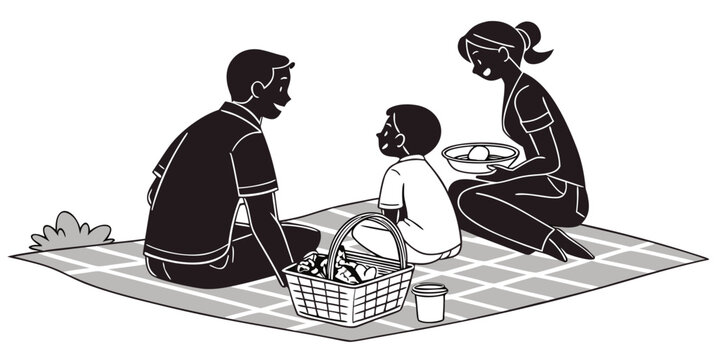 Family having a picnic together with basket and snacks illustration outdoors lifestyle togetherness recreation illustration leisurely parkland refreshment childhood carefree community