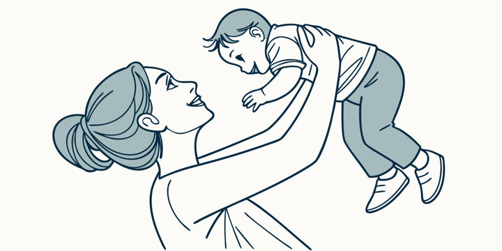 Line art graphic of a mother holding and playing with her infant child showing maternal love parenting maternity nurturing childcare affection connection lifestyle togetherness parenthood