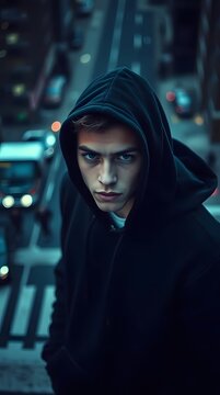 portrait of a young man in a black hood