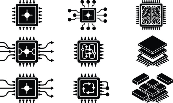Eine Sammlung von neun schwarzen und wei&szlig;en Icons, die verschiedene Mikrochips, Prozessoren und integrierte Schaltkreise darstellen, mit Symbolen f&uuml;r Datenfluss, KI und modulare Komponenten.