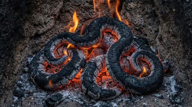 Charcoal embers glowing with intense flames within a fire pit