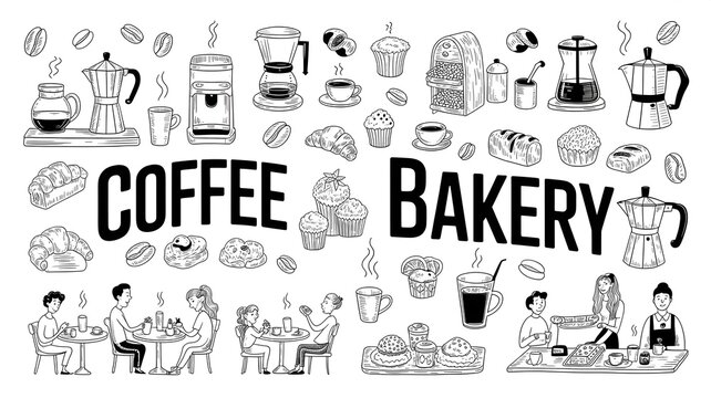 Black and white coffee bakery illustration with people