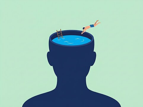 Man with head turned into swimming pool with diver and ladder inside  mental health