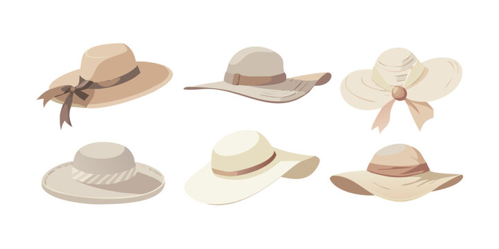 Collection of stylish summer sun hats for women, vector