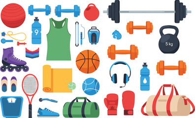 Fitness and Sports Equipment Icon Set with Dumbbells, Kettlebell, Yoga Mat, Boxing Gloves, Basketball, Running Shoes, and Gym Accessories for Workout Design © MdJalal