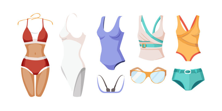 Collection of modern women swimwear and summer beach accessories, vector