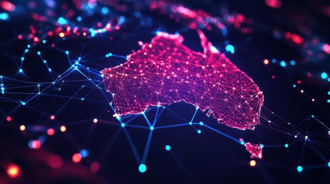 Digital technology map of Australia with interconnected glowing nodes