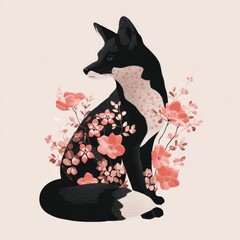 Fototapeta premium Stylized fox illustration decorated with soft pink floral elements
