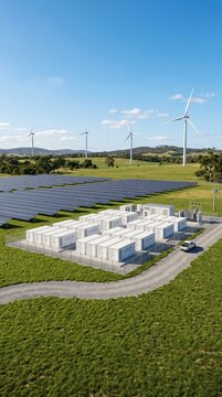 Aerial view of a hybrid renewable energy farm with solar panels, wind turbines, and a large battery energy storage system