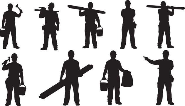 Set of 10 Construction Worker Silhouettes Vector with Tools and Materials