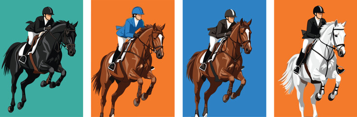 Equestrian Show Jumping Riders on Different Horses Colorful Background Sports Competition Horseback Riding Athlete Vector Set Illustration Collection © NURUL