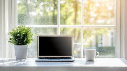 Fototapeta premium Laptop computer with plant and coffee mug on a desk in front of a bright window