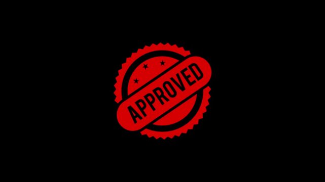 Approved Stamp Badge, Red Grunge Rubber Seal, Business Certification Symbol, Black Background, Approved Label Icon, Rubber Stamp Effect, Red Certification Badge, Business Approval Sign.