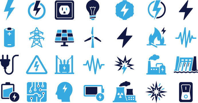 Energy and power icons showing electricity sources renewable energy and electrical components.