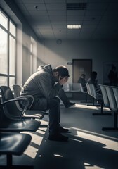 Fototapeta premium Despondent man sits alone in a quiet waiting area while holding his head in his hands.