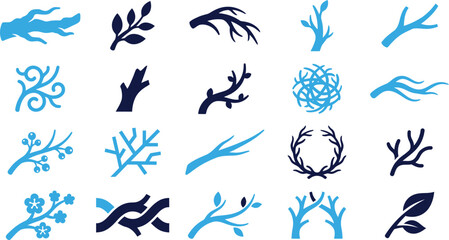 Fototapeta premium Set of branch and twig icons in blue and dark blue colors.