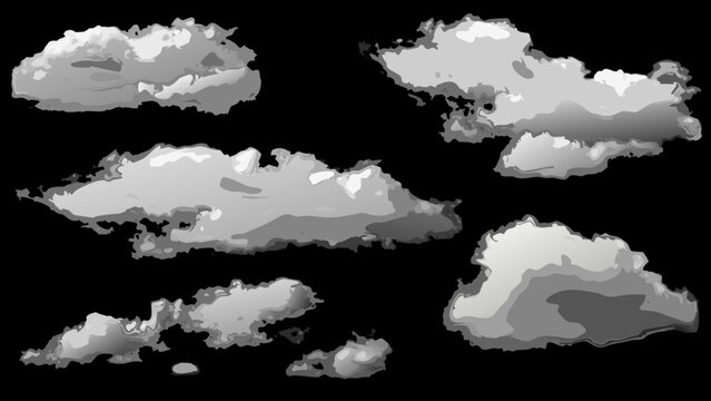 set of realistic white clouds isolated on black background high quality