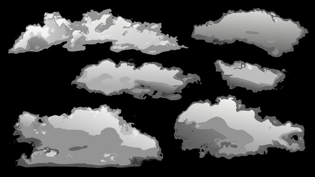 set of realistic white clouds isolated on black background high quality