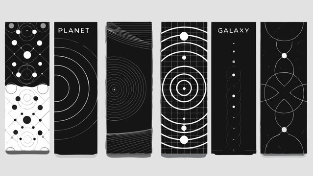 set of minimalist space posters with geometric patterns and text labels
