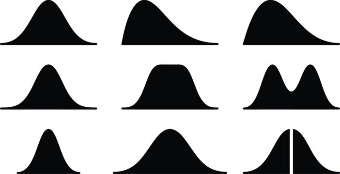 Normal distribution curve icons, set of 9 probability bell curve vector silhouettes, mathematical statistics and data science chart symbols