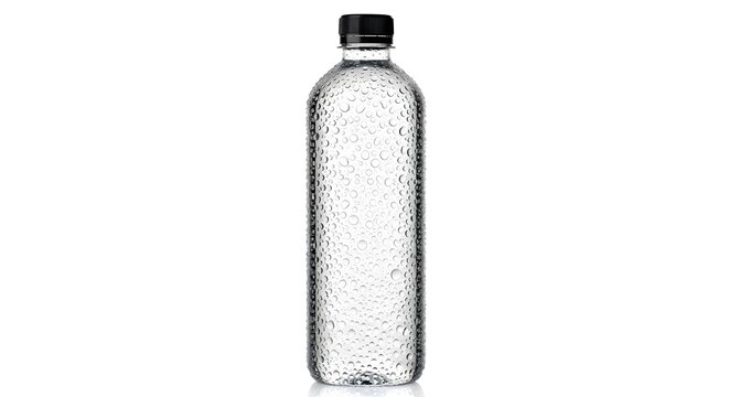 Sparkling water bottle with black cap on white background