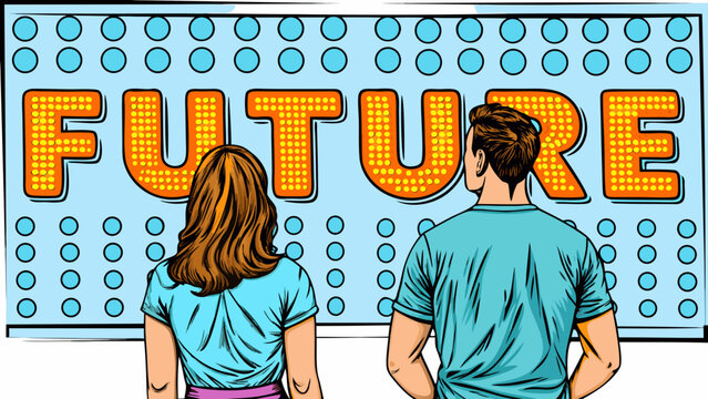 pop art illustration of two people looking at future text