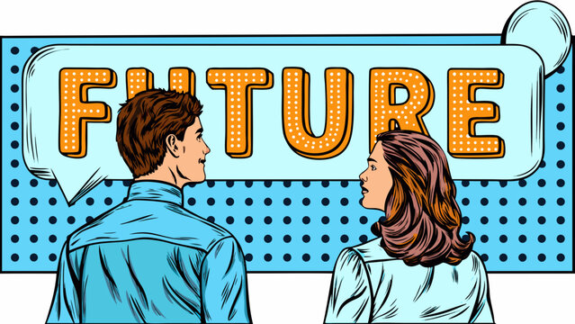 pop art illustration of two people facing each other with future text