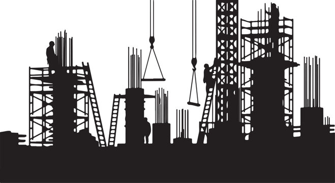 Construction Site Silhouette Vector Illustration with Workers and Cranes