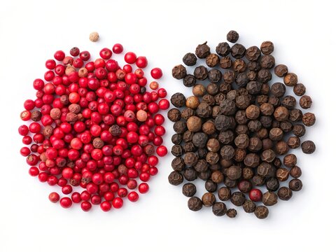 Two piles of peppercorns one red and one black on a white background