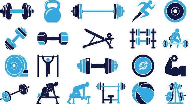 Fitness and gym equipment icons set with dumbbells barbells and exercise machines.