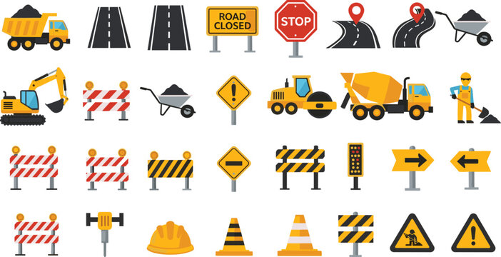 Road Construction and Traffic Sign Icon Set with Barriers, Cones, Heavy Equipment, and Warning Symbols for Infrastructure, Safety, and Transportation Design Projects