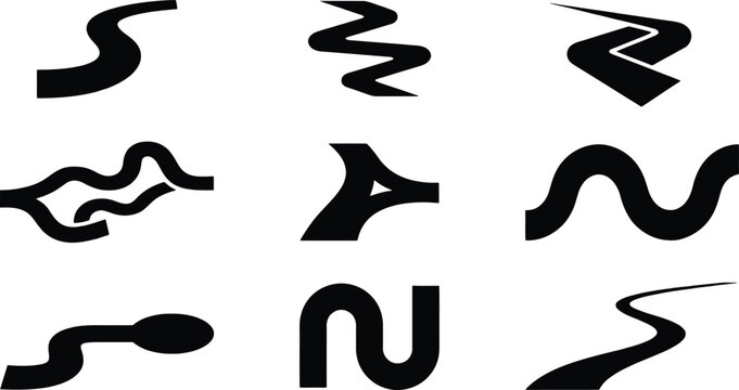 Eine Sammlung von neun verschiedenen schwarzen Silhouetten, die gewundene und sich kreuzende Wege oder Stra&szlig;en auf einem wei&szlig;en Hintergrund darstellen.