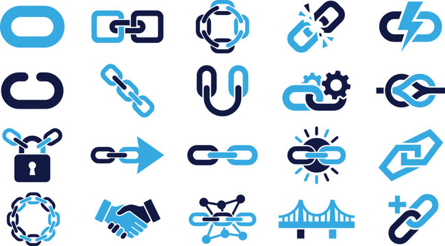 Collection of chain link icons representing connection strength and security including broken chains and padlocks.