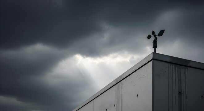 An anemometer sits atop a modern concrete building under a dramatic stormy sky with sun rays.
