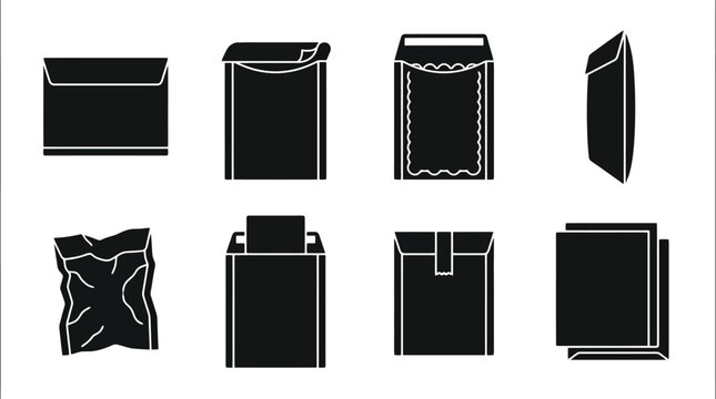 Vektor-Silhouetten-Set verschiedener Umschl&auml;ge und Verpackungen f&uuml;r Post, Versand und Dokumente.