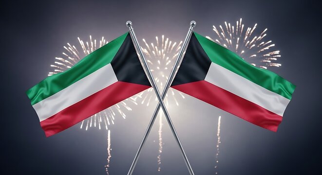 Kuwaiti flags with celebratory fireworks background, crossed national flags of Kuwait, festive patriotic banner for national day or liberation day