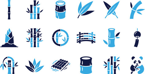 Bamboo stalks, leaves, and related elements in stylized graphic illustrations, blue and dark blue. © ParvejBD