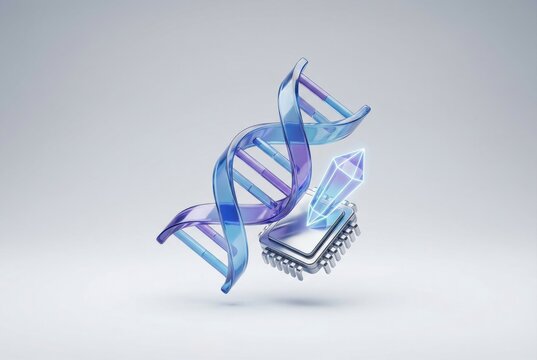 Innovative fusion of DNA helix and microchip symbolizing the intersection of biotechnology and computational advancement in a digital horizon depicting future possibilities