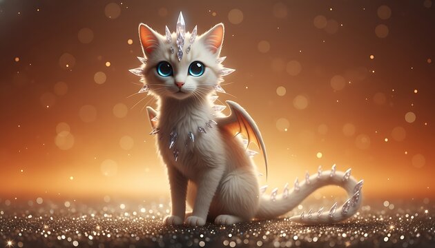 Sparkling white dragon cat with small wings and big blue eyes mythical creature sparkling